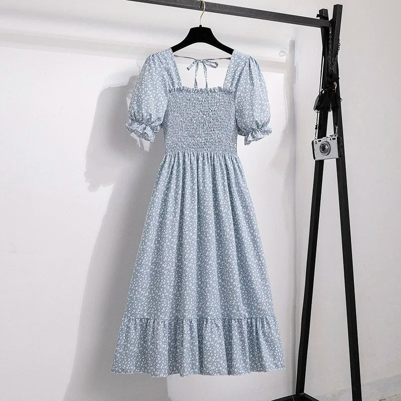 Women's Spring Summer Chiffon Pleated Dress - Casual Short Sleeve Elastic Waist A-Line Vestidos