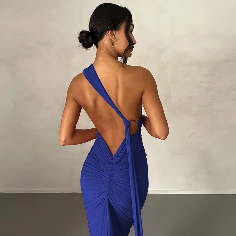 Hugcitar One Shoulder Backless Ruched Maxi Dress - Sexy Adjustable Scarf Loop Elegant Y2K Festival Clubwear