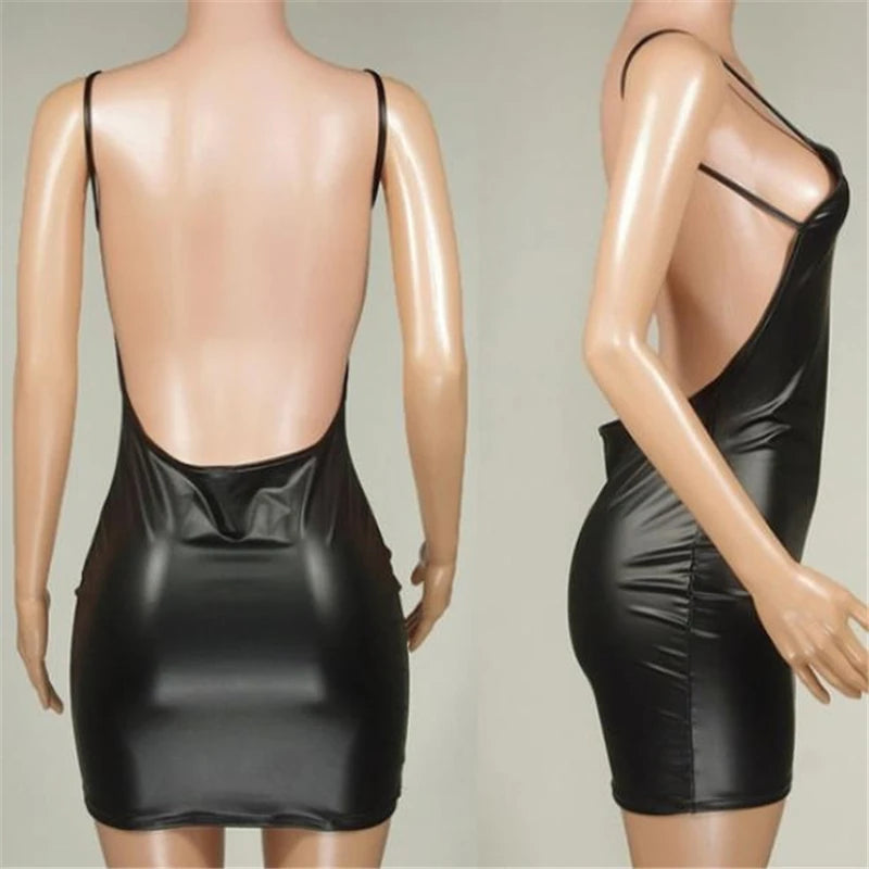 Siren Midnight Black Faux Leather Backless Mini Dress