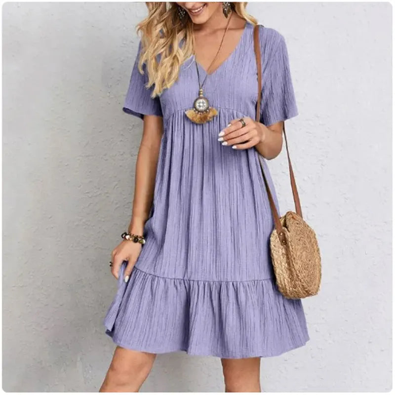 Willow Textured V-Neck Tiered Mini Dress – Breezy Summer Smock Dress