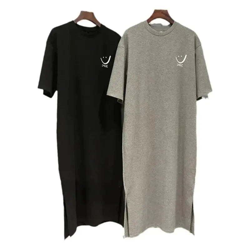 Nova Minimalist Smile Slit T-Shirt Dress – Oversized Mid-Length Lounge Dress