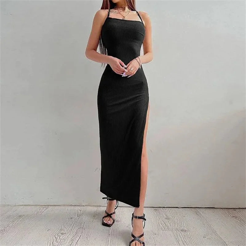 Women's Summer Sexy Black Long Bodycon Dress - Backless Halter Neck High Split Maxi Spaghetti Strap Vestidos
