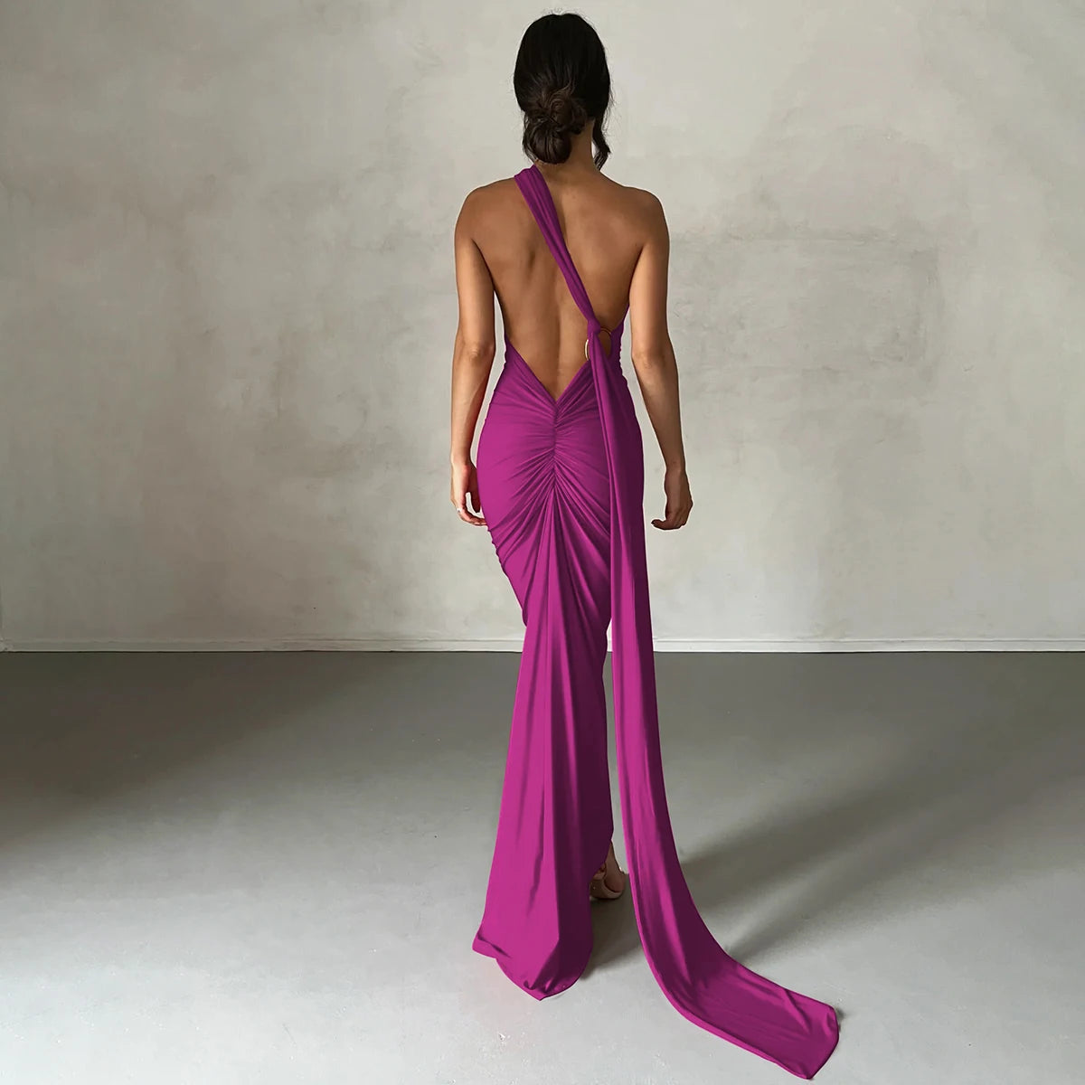 Hugcitar One Shoulder Backless Ruched Maxi Dress - Sexy Adjustable Scarf Loop Elegant Y2K Festival Clubwear