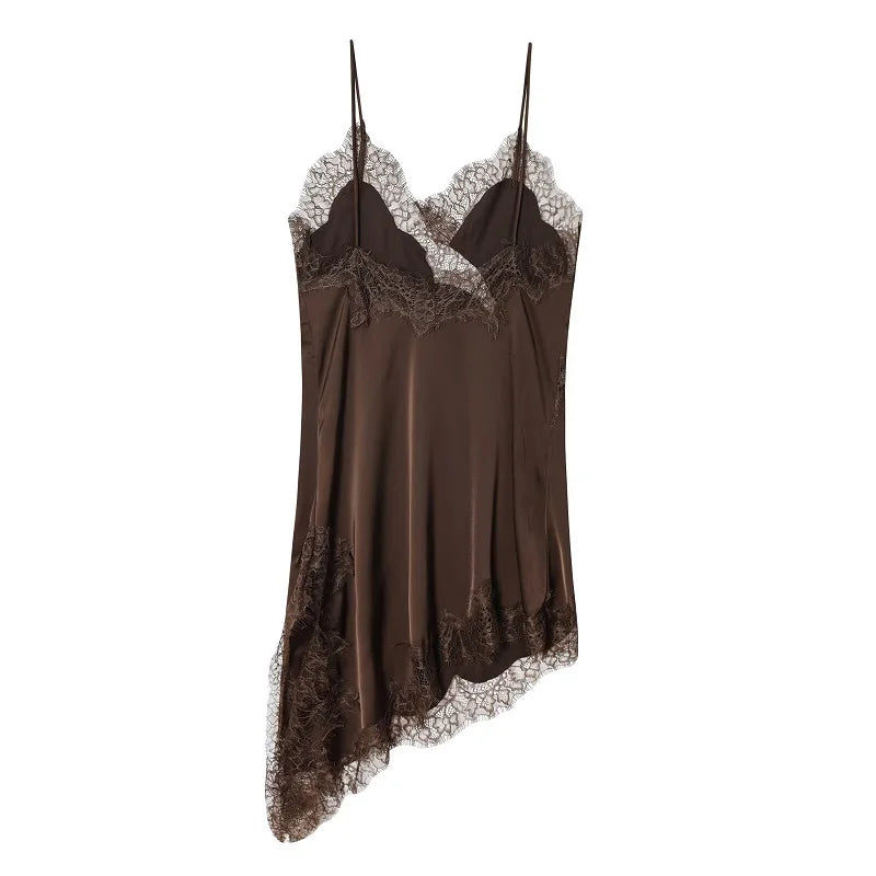 Aria Asymmetric Lace Slip Dress – Elegant Black Backless Mini