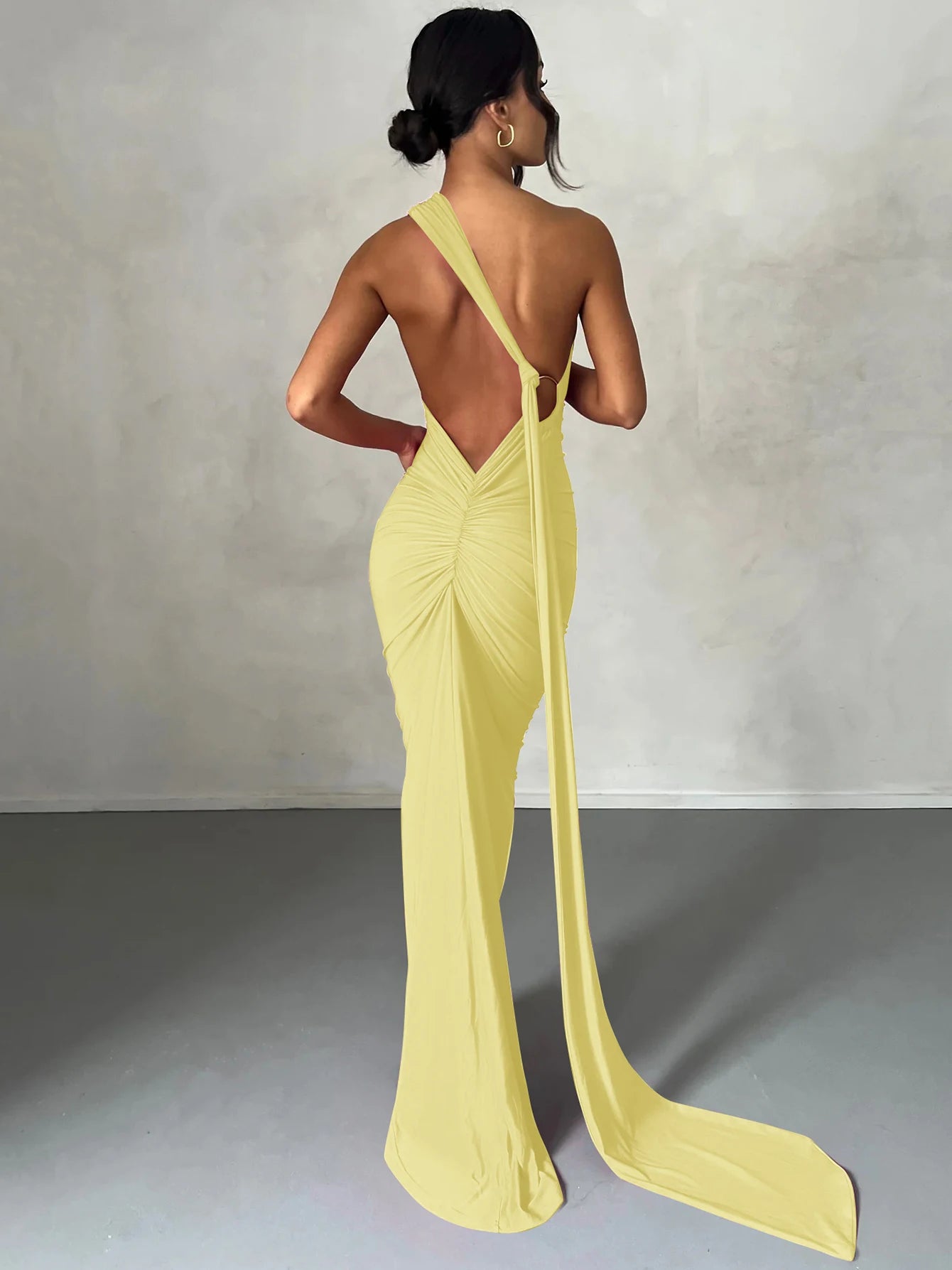 Hugcitar One Shoulder Backless Ruched Maxi Dress - Sexy Adjustable Scarf Loop Elegant Y2K Festival Clubwear