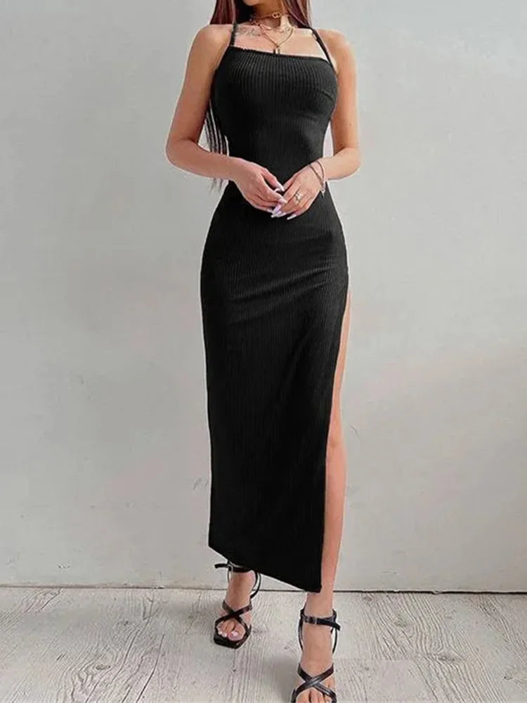 Women's Summer Sexy Black Long Bodycon Dress - Backless Halter Neck High Split Maxi Spaghetti Strap Vestidos