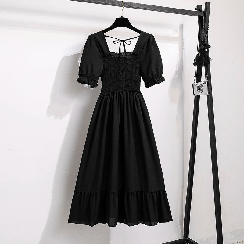 Women's Spring Summer Chiffon Pleated Dress - Casual Short Sleeve Elastic Waist A-Line Vestidos