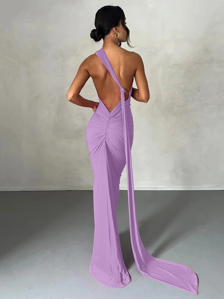 Hugcitar One Shoulder Backless Ruched Maxi Dress - Sexy Adjustable Scarf Loop Elegant Y2K Festival Clubwear