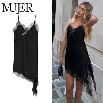 Aria Asymmetric Lace Slip Dress – Elegant Black Backless Mini