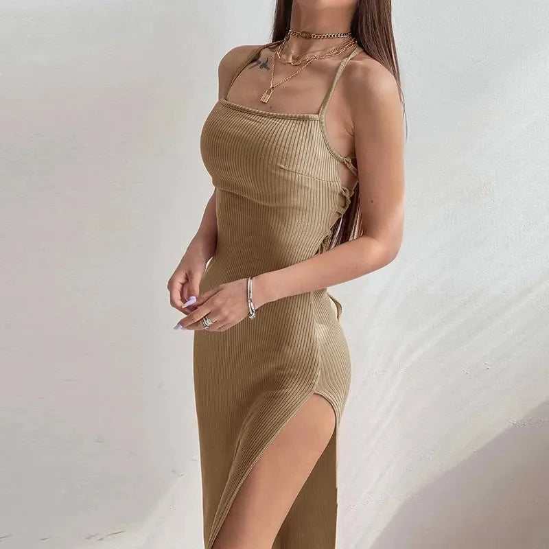 Women's Summer Sexy Black Long Bodycon Dress - Backless Halter Neck High Split Maxi Spaghetti Strap Vestidos
