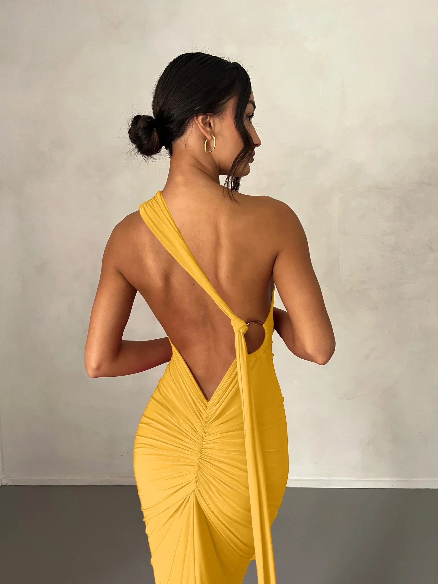Hugcitar One Shoulder Backless Ruched Maxi Dress - Sexy Adjustable Scarf Loop Elegant Y2K Festival Clubwear