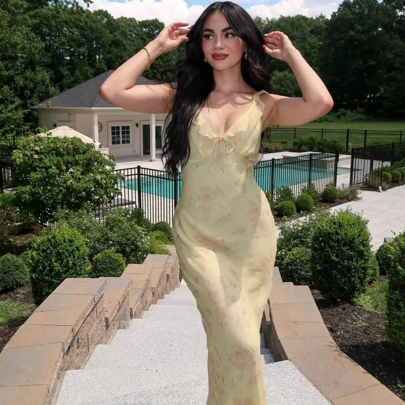 Cryptographic Elegant Plunging Neck Floral Maxi Dress - Fairycore Backless Summer Vacation Aesthetic Sun Dress