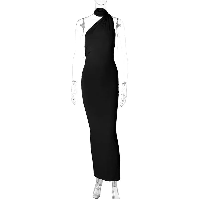 Hugcitar One Shoulder Backless Ruched Maxi Dress - Sexy Adjustable Scarf Loop Elegant Y2K Festival Clubwear