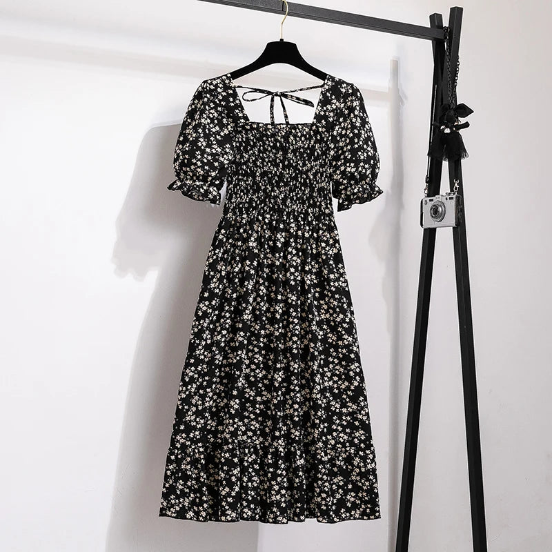 Women's Spring Summer Chiffon Pleated Dress - Casual Short Sleeve Elastic Waist A-Line Vestidos