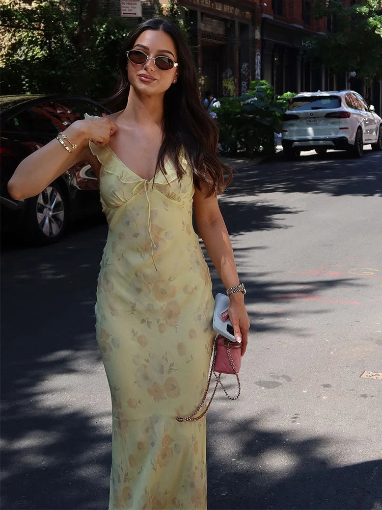 Cryptographic Elegant Plunging Neck Floral Maxi Dress - Fairycore Backless Summer Vacation Aesthetic Sun Dress