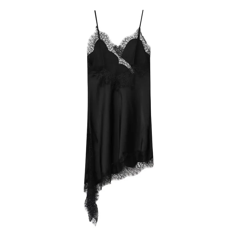Aria Asymmetric Lace Slip Dress – Elegant Black Backless Mini