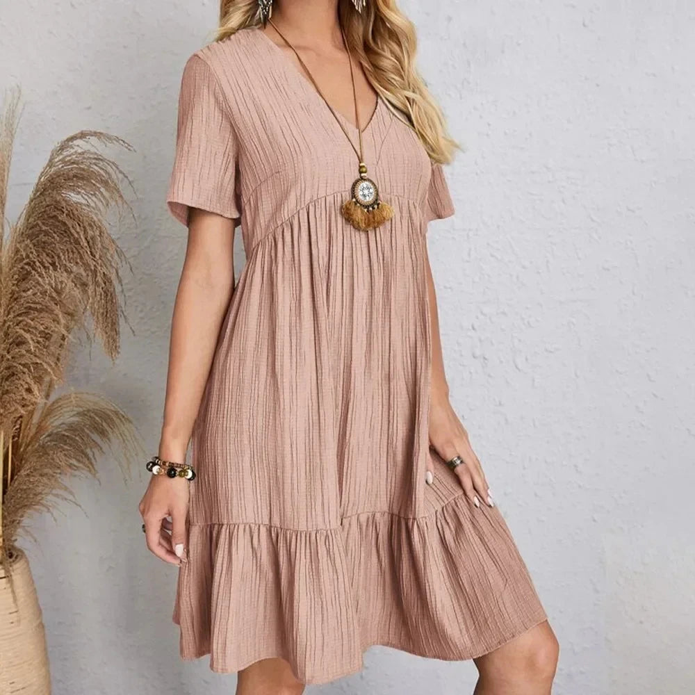 Willow Textured V-Neck Tiered Mini Dress – Breezy Summer Smock Dress