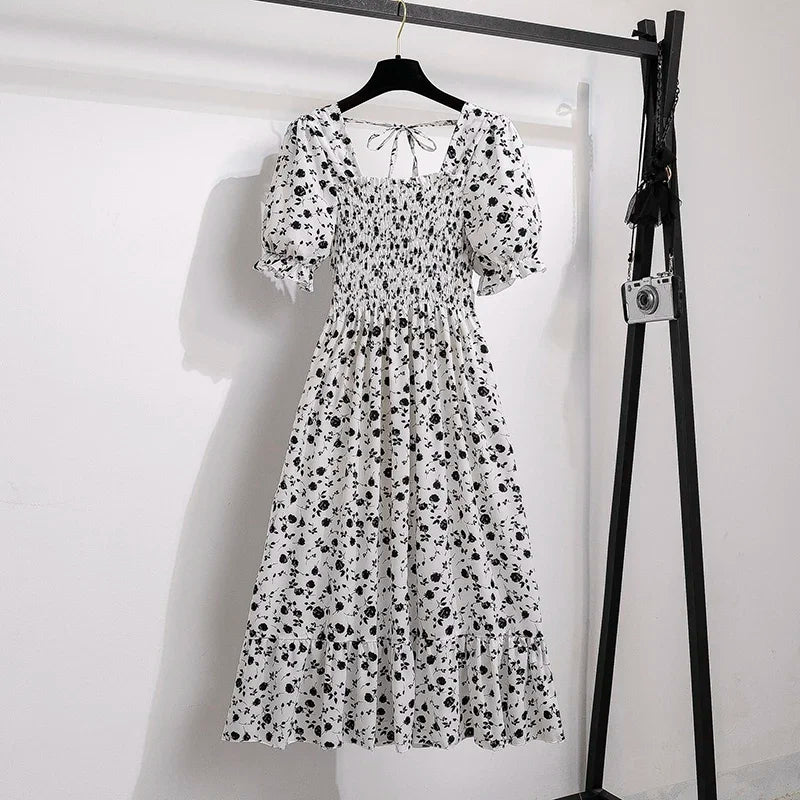 Women's Spring Summer Chiffon Pleated Dress - Casual Short Sleeve Elastic Waist A-Line Vestidos