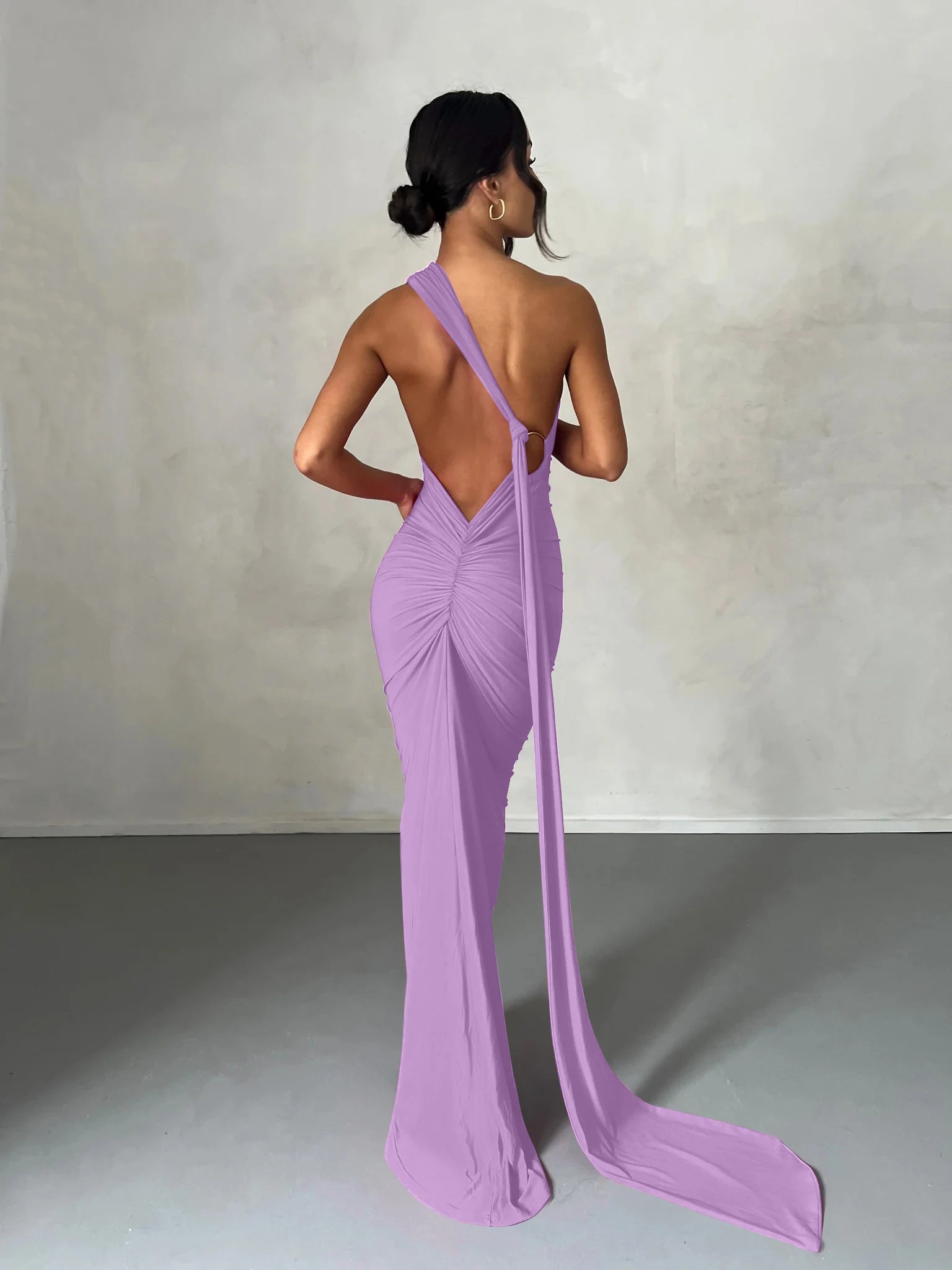 Hugcitar One Shoulder Backless Ruched Maxi Dress - Sexy Adjustable Scarf Loop Elegant Y2K Festival Clubwear