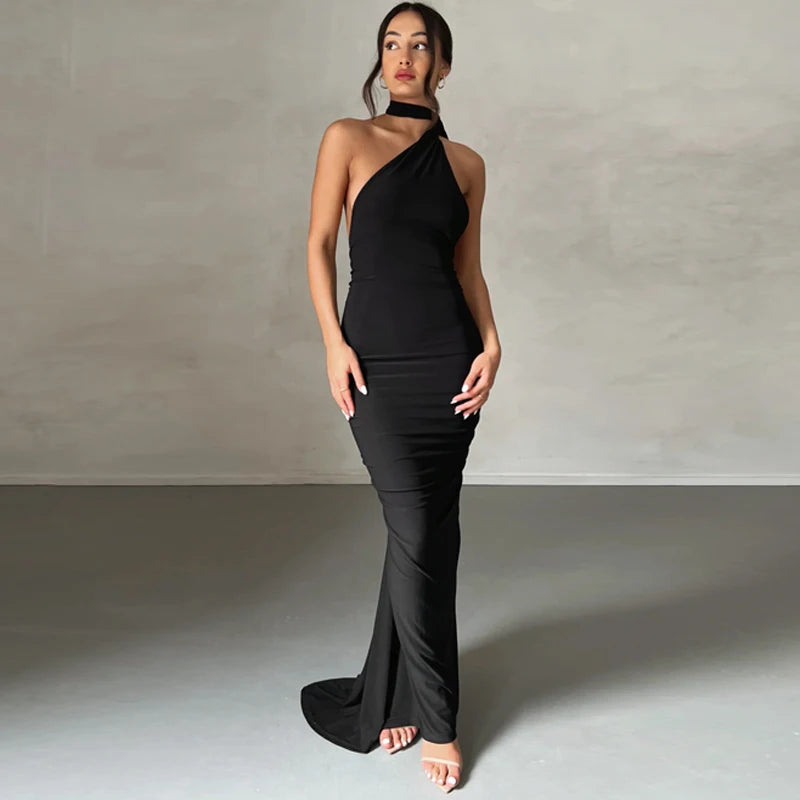Hugcitar One Shoulder Backless Ruched Maxi Dress - Sexy Adjustable Scarf Loop Elegant Y2K Festival Clubwear