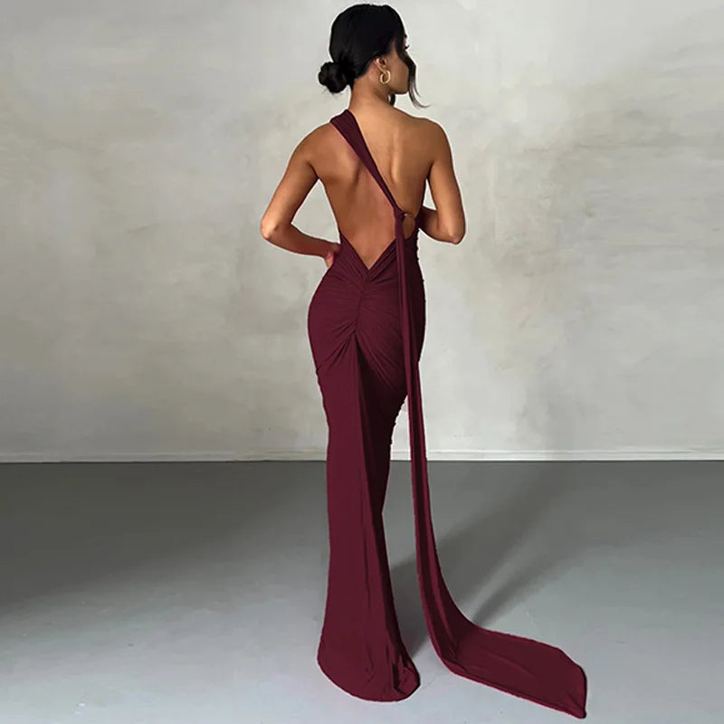 Hugcitar One Shoulder Backless Ruched Maxi Dress - Sexy Adjustable Scarf Loop Elegant Y2K Festival Clubwear
