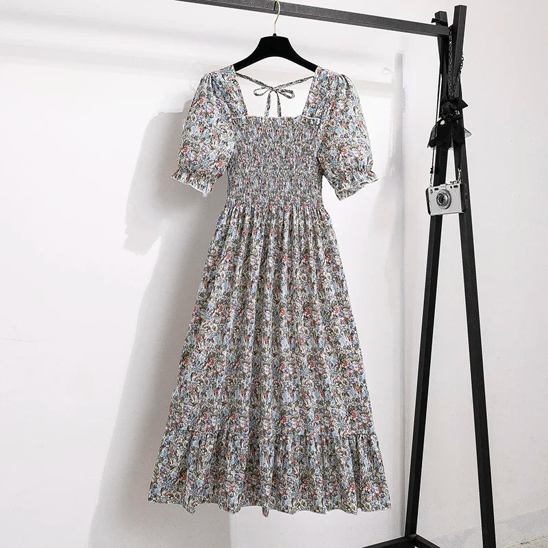 Women's Spring Summer Chiffon Pleated Dress - Casual Short Sleeve Elastic Waist A-Line Vestidos