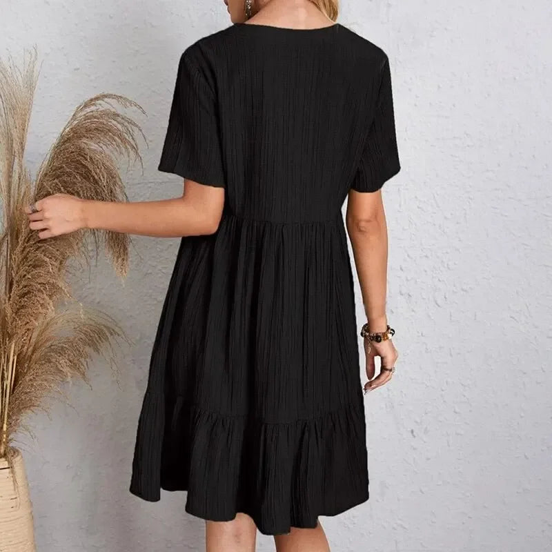 Willow Textured V-Neck Tiered Mini Dress – Breezy Summer Smock Dress
