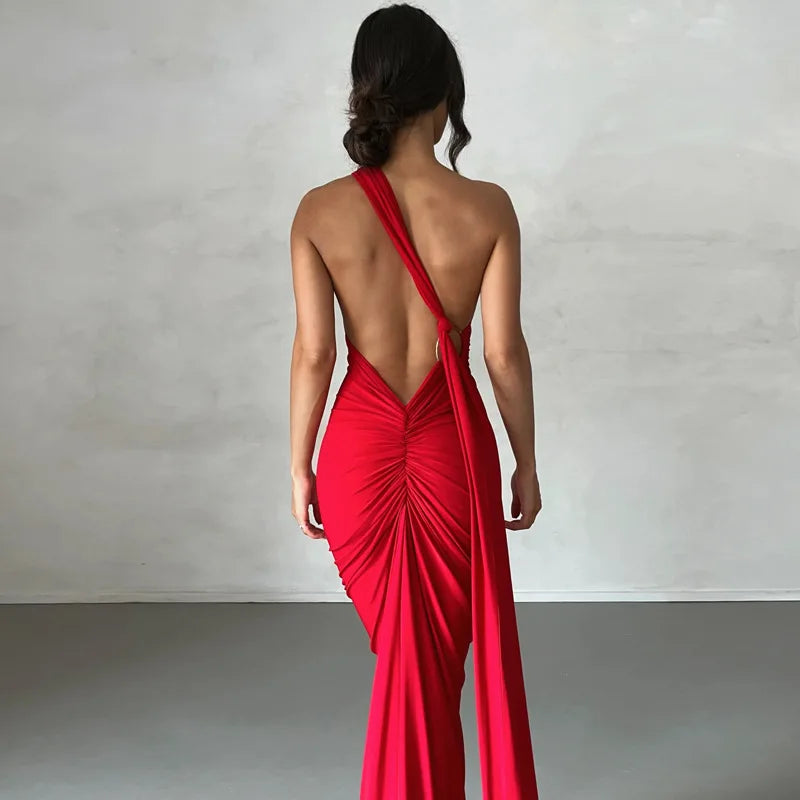 Hugcitar One Shoulder Backless Ruched Maxi Dress - Sexy Adjustable Scarf Loop Elegant Y2K Festival Clubwear