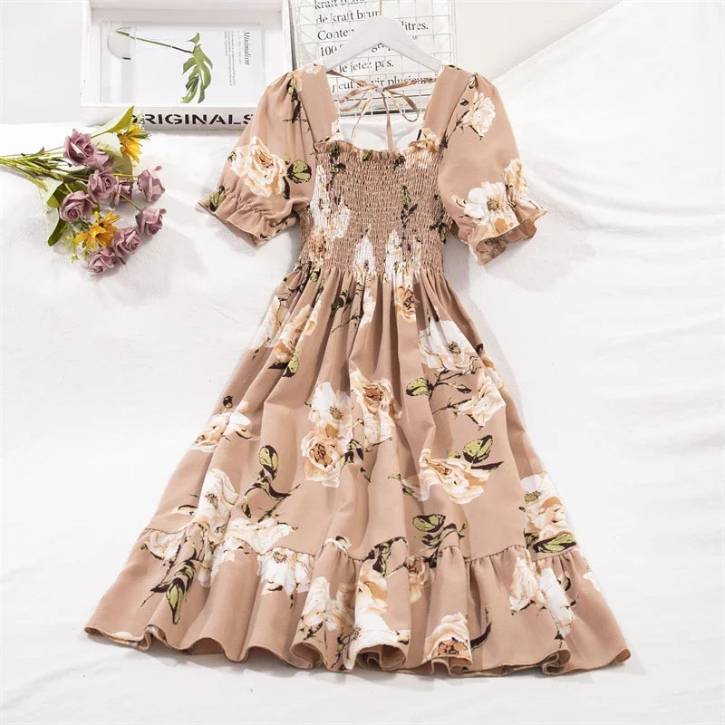 Women's Spring Summer Chiffon Pleated Dress - Casual Short Sleeve Elastic Waist A-Line Vestidos