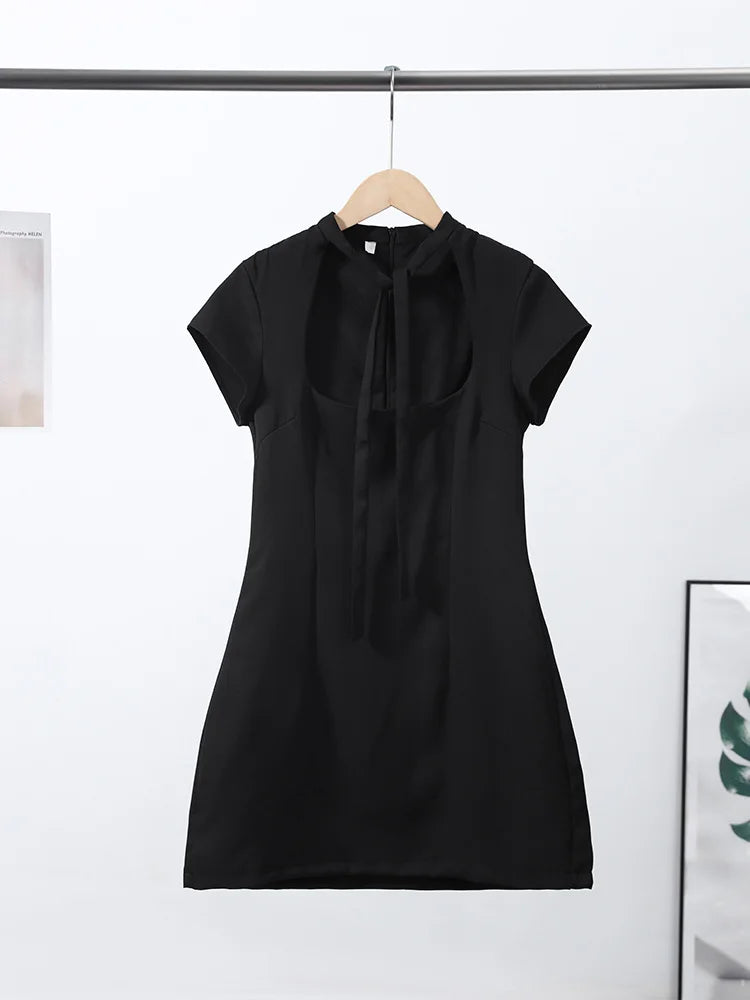 Women's Summer Hollow-Out Polka Dot Mini Dress - Sexy Slimming Hip-Package Party Dress with Belt & Zipper