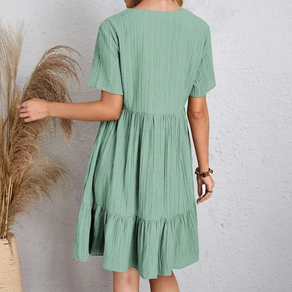 Willow Textured V-Neck Tiered Mini Dress – Breezy Summer Smock Dress