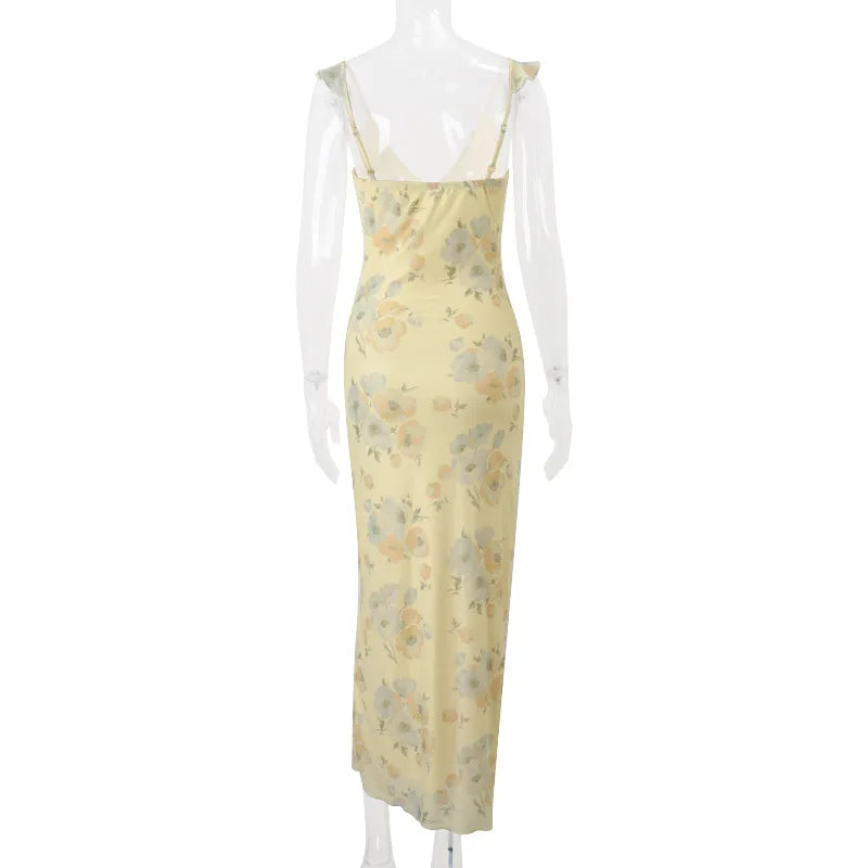 Cryptographic Elegant Plunging Neck Floral Maxi Dress - Fairycore Backless Summer Vacation Aesthetic Sun Dress