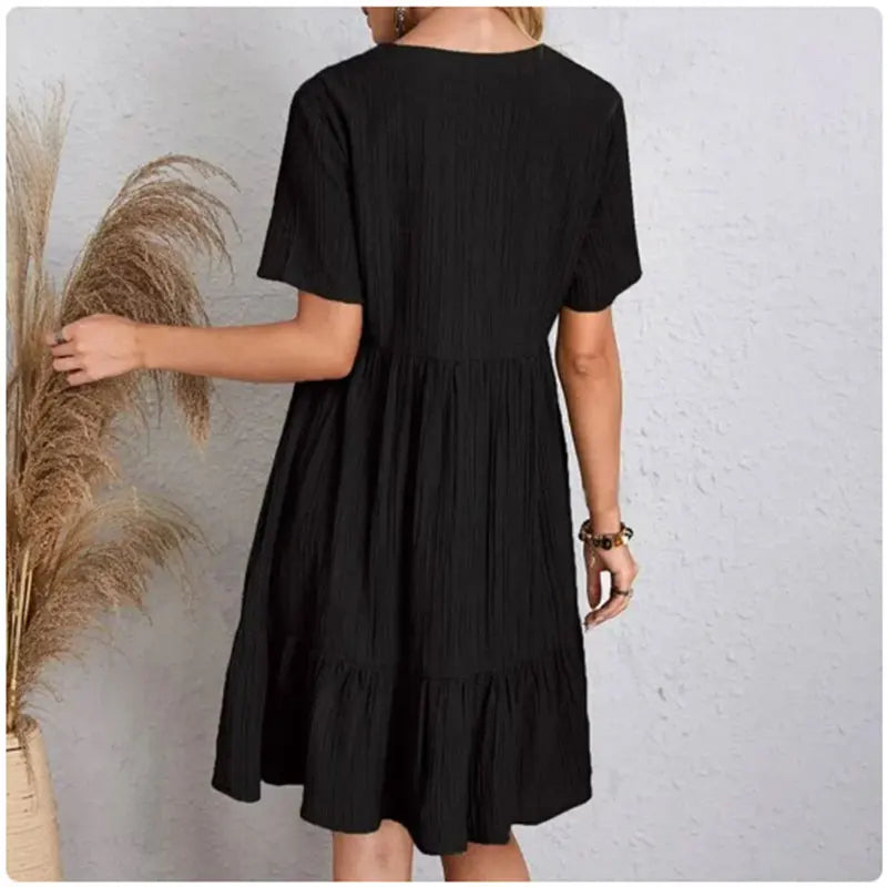 Willow Textured V-Neck Tiered Mini Dress – Breezy Summer Smock Dress