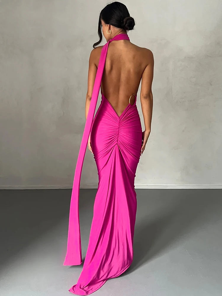Hugcitar One Shoulder Backless Ruched Maxi Dress - Sexy Adjustable Scarf Loop Elegant Y2K Festival Clubwear