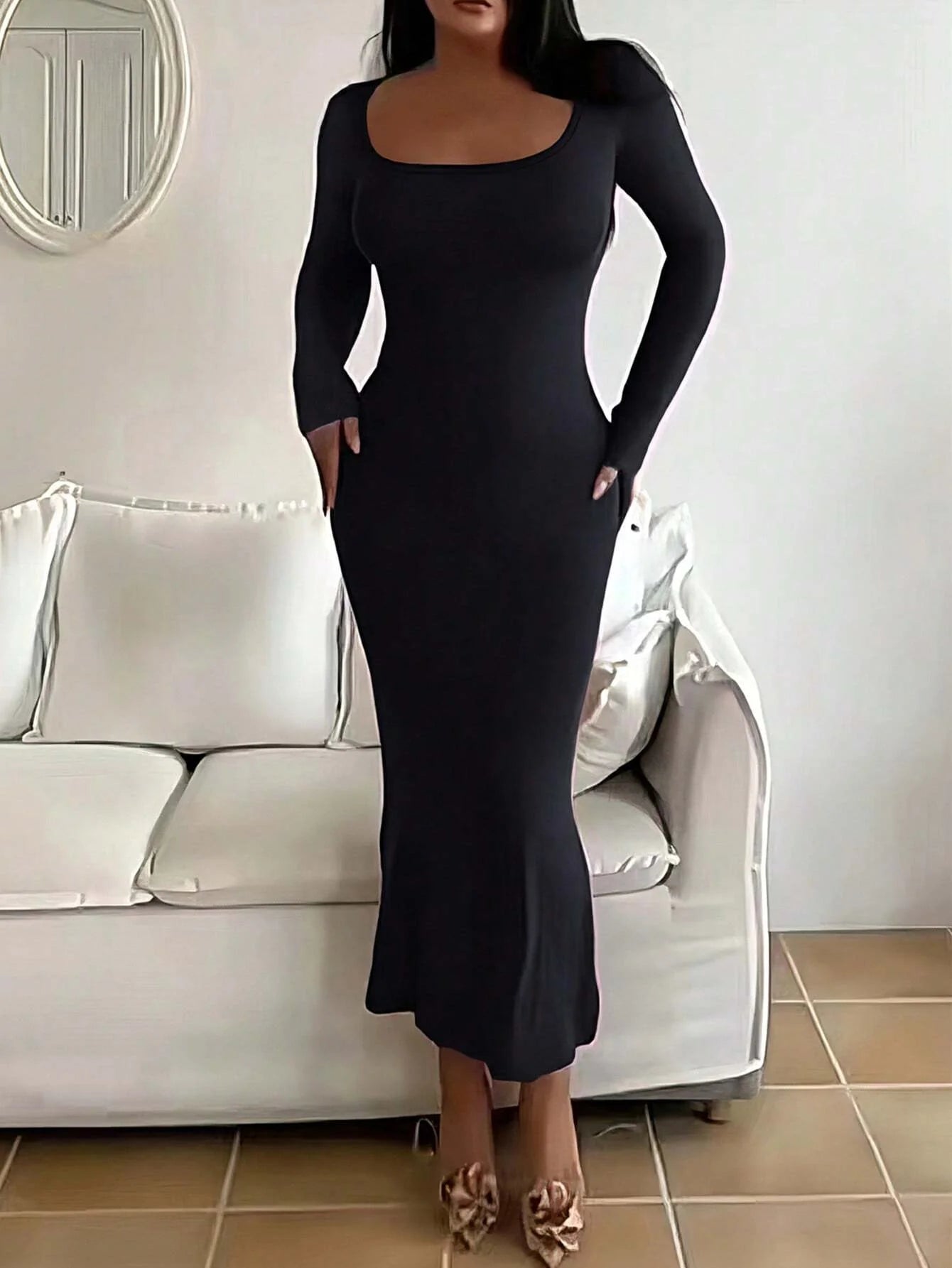 Women's Chic Basic Bodycon Maxi Dress - Minimalist Scoop Neck Long Sleeve Casual Fashion Long Dress