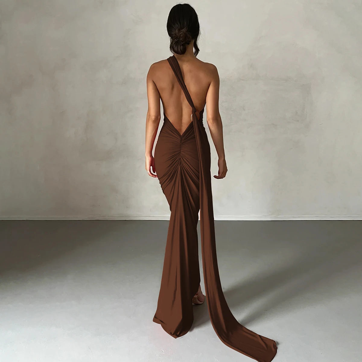 Hugcitar One Shoulder Backless Ruched Maxi Dress - Sexy Adjustable Scarf Loop Elegant Y2K Festival Clubwear