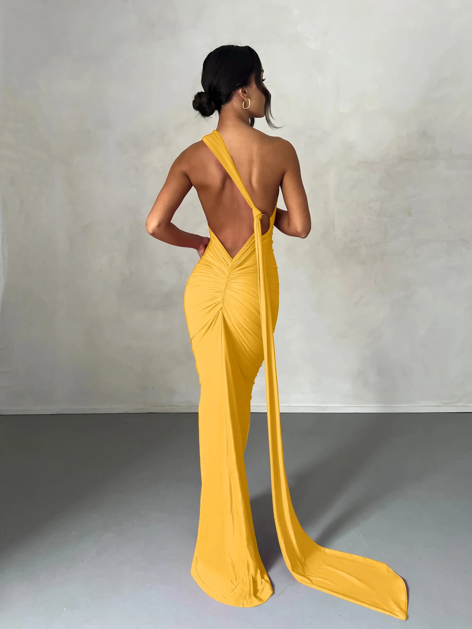 Hugcitar One Shoulder Backless Ruched Maxi Dress - Sexy Adjustable Scarf Loop Elegant Y2K Festival Clubwear