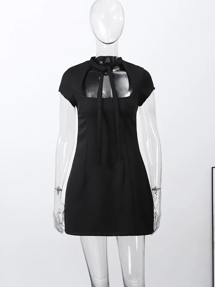 Women's Summer Hollow-Out Polka Dot Mini Dress - Sexy Slimming Hip-Package Party Dress with Belt & Zipper