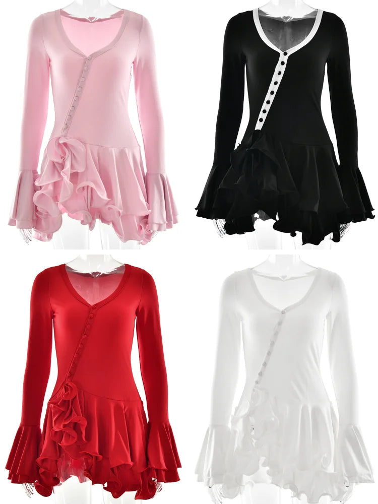 Absobe Women's V-Neck Long Sleeve Mini Dress - Asymmetrical Buttons Ruffle Hem Bodycon A-Line Party Streetwear Outfit
