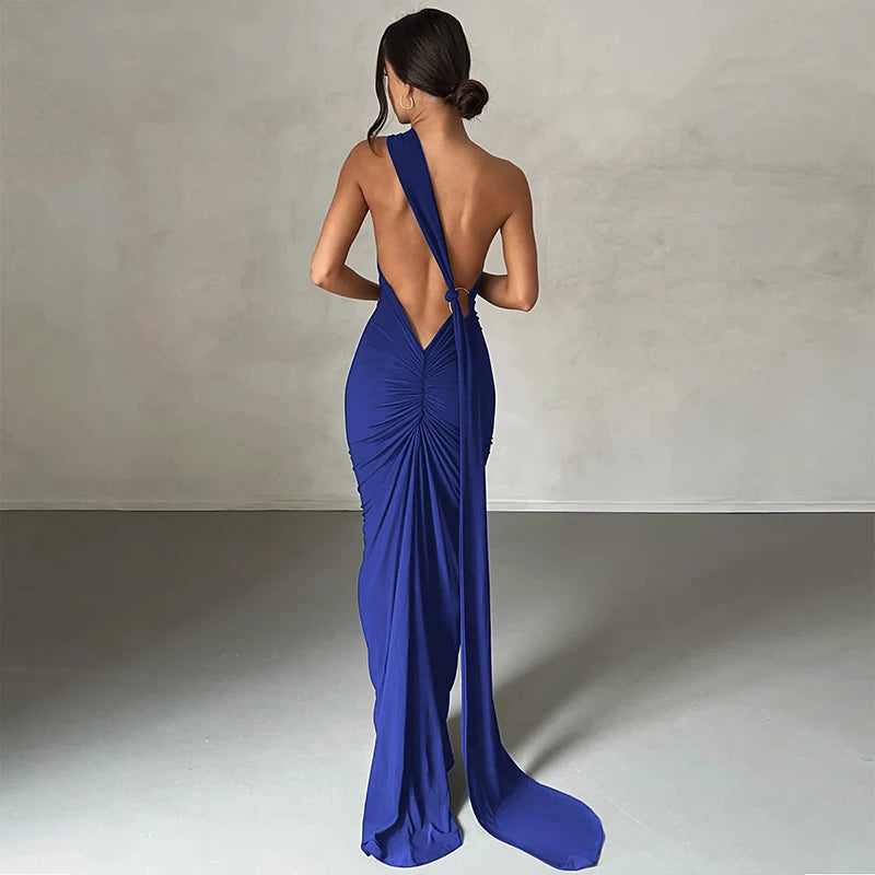 Hugcitar One Shoulder Backless Ruched Maxi Dress - Sexy Adjustable Scarf Loop Elegant Y2K Festival Clubwear