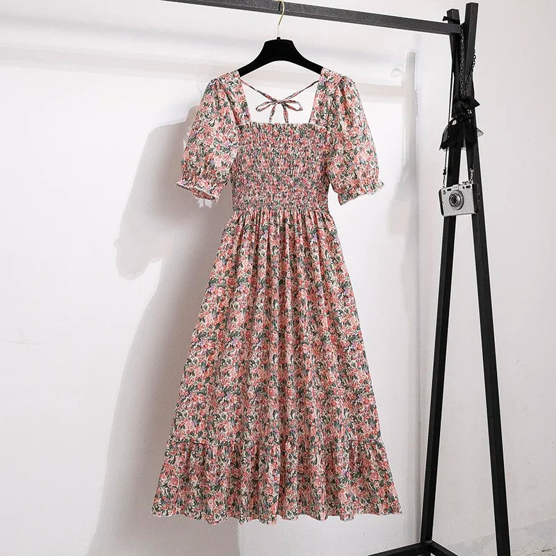 Women's Spring Summer Chiffon Pleated Dress - Casual Short Sleeve Elastic Waist A-Line Vestidos