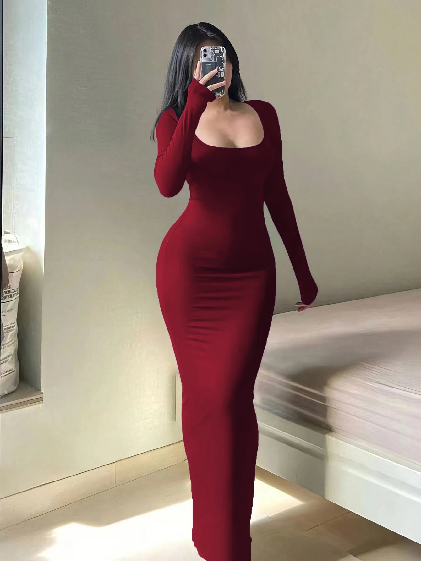 Women's Chic Basic Bodycon Maxi Dress - Minimalist Scoop Neck Long Sleeve Casual Fashion Long Dress