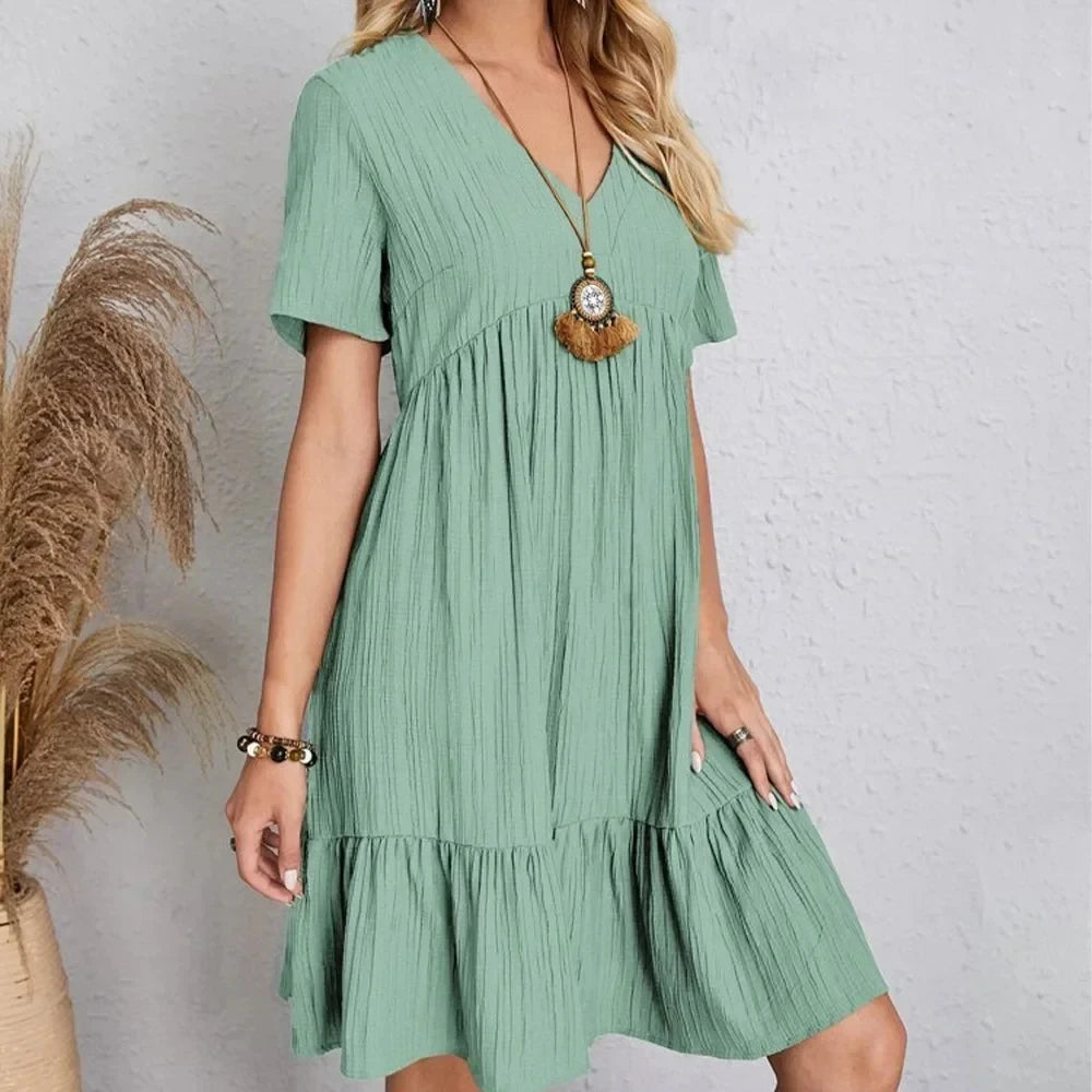 Willow Textured V-Neck Tiered Mini Dress – Breezy Summer Smock Dress