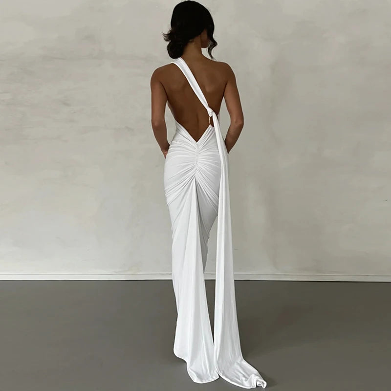 Hugcitar One Shoulder Backless Ruched Maxi Dress - Sexy Adjustable Scarf Loop Elegant Y2K Festival Clubwear