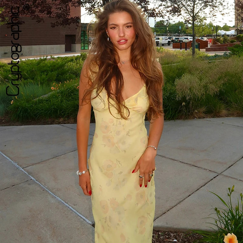 Cryptographic Elegant Plunging Neck Floral Maxi Dress - Fairycore Backless Summer Vacation Aesthetic Sun Dress