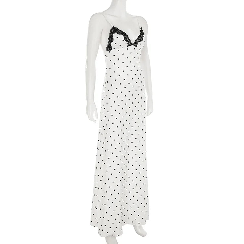 Tossy Contrast Lace V-Neck Patchwork Maxi Dress - Sexy Backless High Waist Slim Spaghetti Strap Party Long Dress