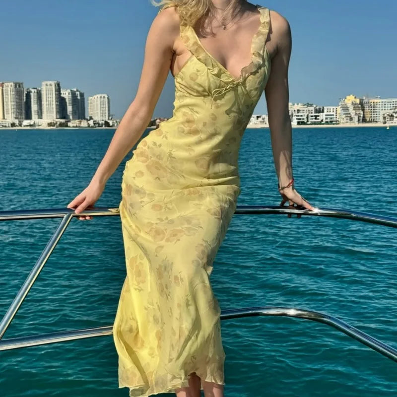 Cryptographic Elegant Plunging Neck Floral Maxi Dress - Fairycore Backless Summer Vacation Aesthetic Sun Dress