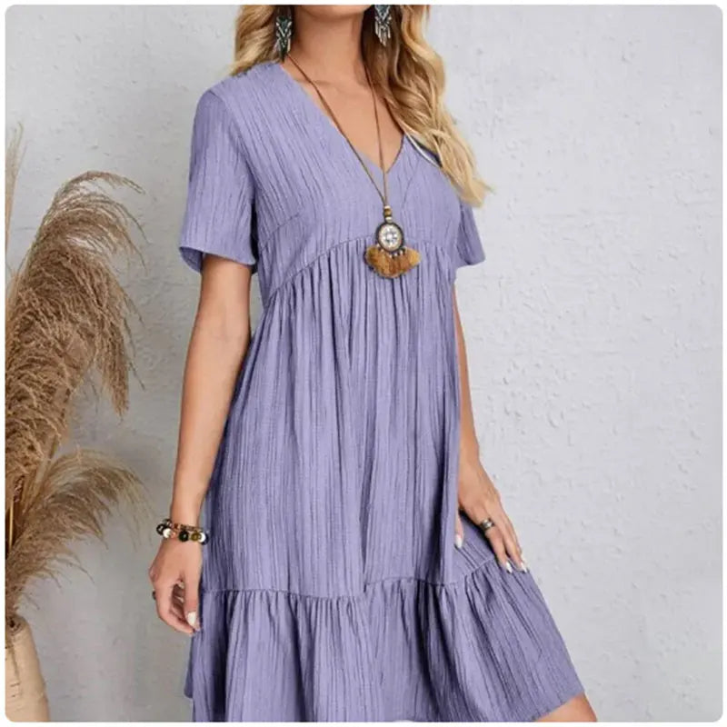 Willow Textured V-Neck Tiered Mini Dress – Breezy Summer Smock Dress
