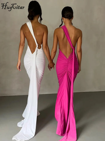 Hugcitar One Shoulder Backless Ruched Maxi Dress - Sexy Adjustable Scarf Loop Elegant Y2K Festival Clubwear