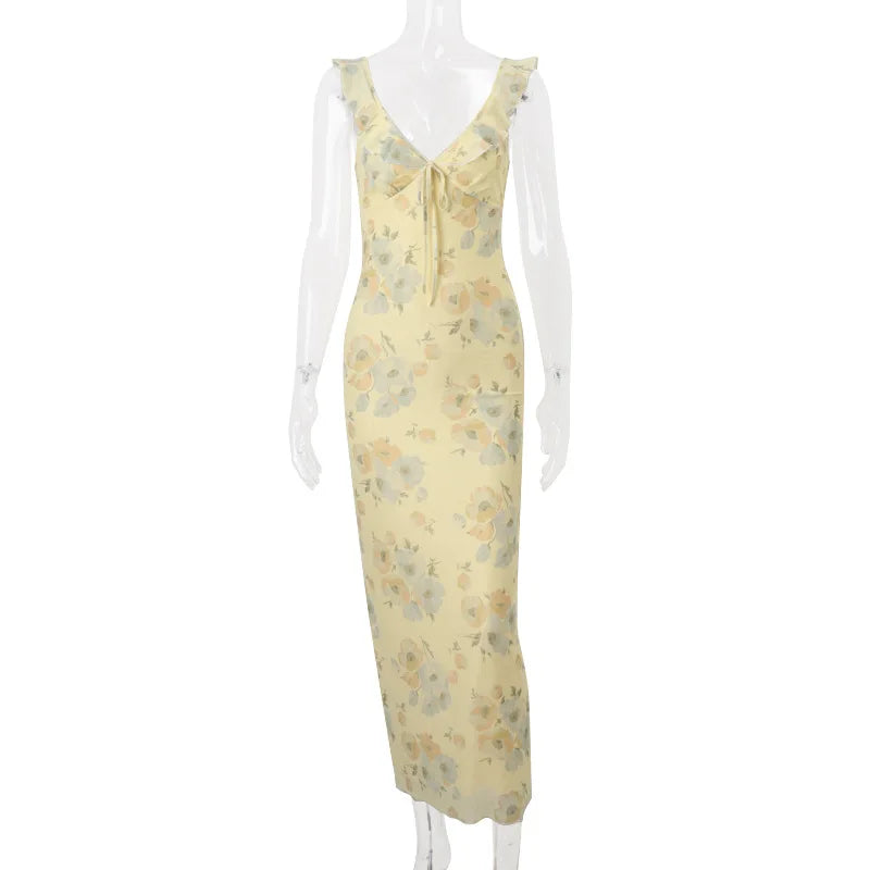 Cryptographic Elegant Plunging Neck Floral Maxi Dress - Fairycore Backless Summer Vacation Aesthetic Sun Dress